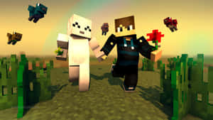 兩個Minecraft角色在日落時分的像素化草地上手持花朵。