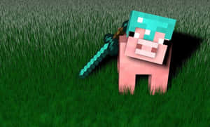 一隻Minecraft豬在綠色草地上拿著鑽石劍。
