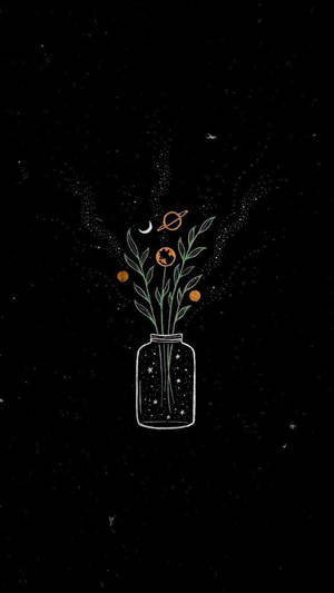一個玻璃罐，裡面有宇宙花朵和行星，背景是繁星點點的夜空。