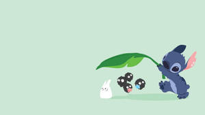 史迪仔用樹葉傘為一隻兔子和三隻黑色小生物遮擋。