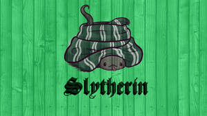 一條卡通蛇戴著條紋圍巾，在綠色木頭上，附有Slytherin文字。