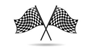 兩面交叉的格仔賽車旗在旗桿上，帶有陰影。