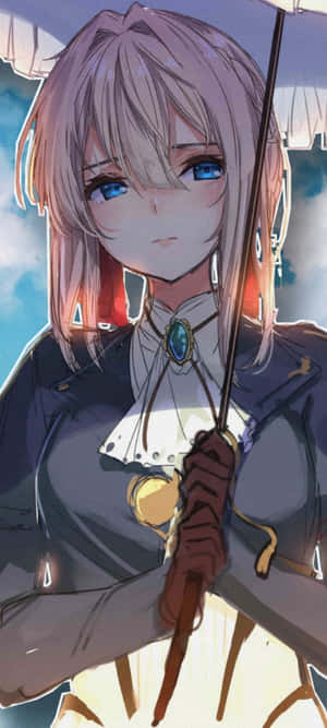動漫女孩，薰衣草色頭髮和藍色眼睛，在黃昏發光的燈籠下拿著劍。