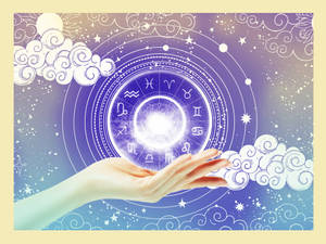 手托發光黃道輪，在繁星天空下與雲朵 — 唯美月亮動圖 壁紙