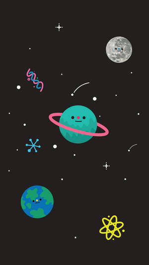 微笑的卡通行星和月亮在星空太空背景中。
