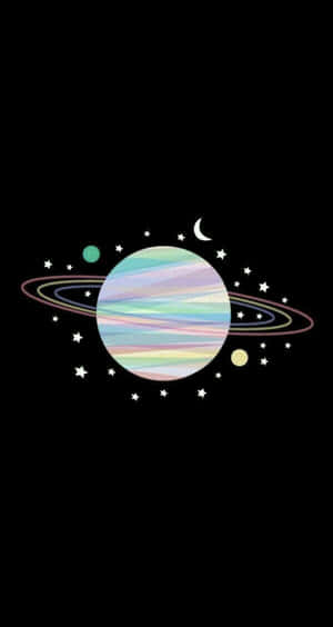 粉彩行星帶有環，被星星和彎月環繞在太空中。