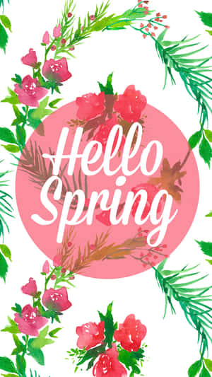 粉紅色圓圈內有白色草書 Hello Spring 文字，周圍環繞著粉紅花朵和綠葉。