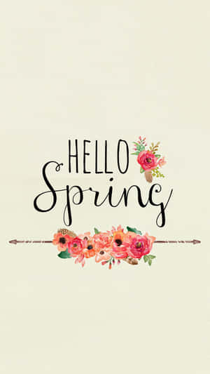 Hello Spring 文字搭配粉橙色水彩花朵和箭頭，背景為奶油色。
