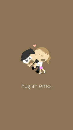 兩個卡通人物擁抱，帶有漂浮的心形和文字 hug an emo。