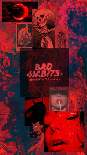 深紅色和藍色大理石紋拼貼畫，帶有骷髏頭、Playboy 和紅色新月。