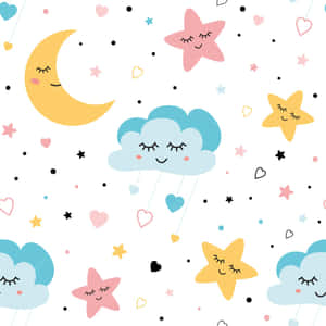 昏昏欲睡的月亮雲朵、星星和心形漂浮在粉彩天空上。