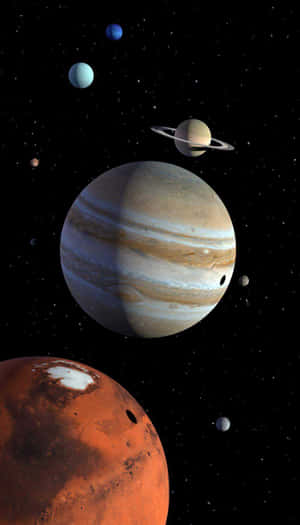 太空中的木星、火星和土星與星星