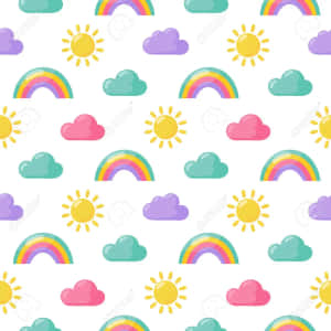 色彩繽紛的彩虹、太陽和雲朵在白色背景上重複的圖案。