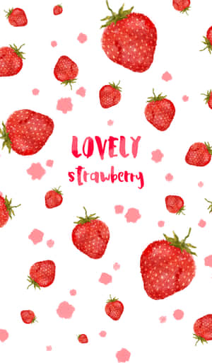 水彩草莓和粉紅色飛濺，白色背景上寫有lovely strawberry文字。