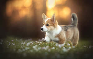 一隻哥基幼犬站在有小白花的草地上，背景是日落。 — 狗 壁紙