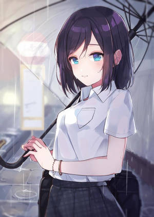 雨中撐傘的動漫女孩，穿著校服 — 美學女孩 壁紙