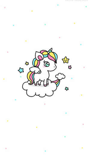 一隻擁有彩虹毛髮的卡通獨角獸站在雲上，周圍有微笑的星星。