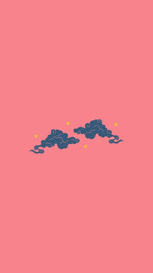 珊瑚粉紅色背景上的兩朵藍色風格化雲朵，帶有黃色星星。