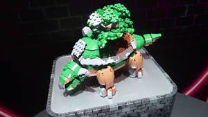 LEGO恐龍模型放在磚砌底座上，背景有霓虹燈 — 可愛 壁紙