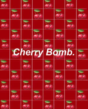 帶有櫻桃簇和寫著 Cherry Bomb 的白色文字的紅色網格圖案。 — 紅色 壁紙