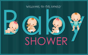 四個著尿片嘅卡通BB出現喺藍綠色條紋背景上「Baby Shower」嘅字母入面。 — BB GIF 壁紙