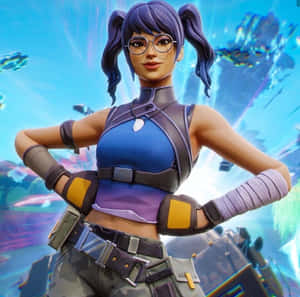 Fortnite角色，紫色辮子同眼鏡，喺科幻天空。