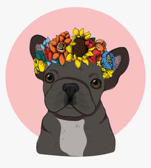 法國鬥牛犬在粉紅色圓形背景上戴著鮮豔的花冠。