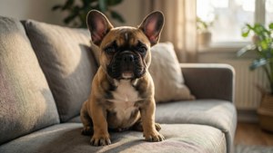 一隻淺黃褐色法國鬥牛犬幼犬坐在陽光充足的房間裡的灰色沙發上。