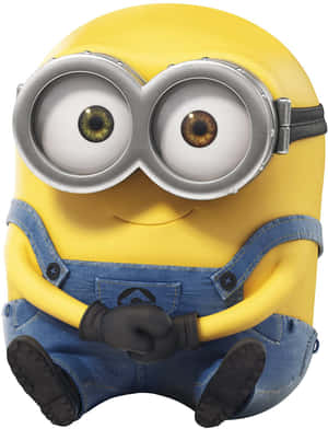一個黃色卡通Minion戴著護目鏡和牛仔布工裝褲微笑。
