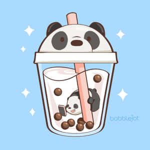 一隻卡通熊貓在一個有珍珠和吸管的泡泡茶杯中。 — 熊貓 壁紙