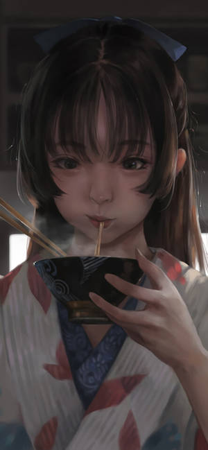 年輕動漫女孩穿著和服用筷子在室內喝熱湯。