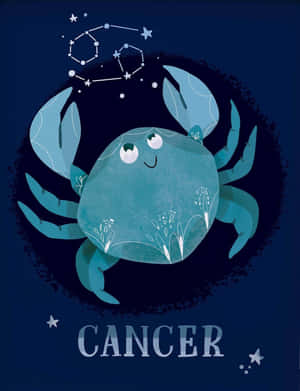 一隻快樂的卡通螃蟹，下方有「Cancer」字樣，背景是星空。