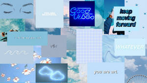 粉藍色調的勵志名言拼貼畫，包含雲朵、花朵和睫毛。