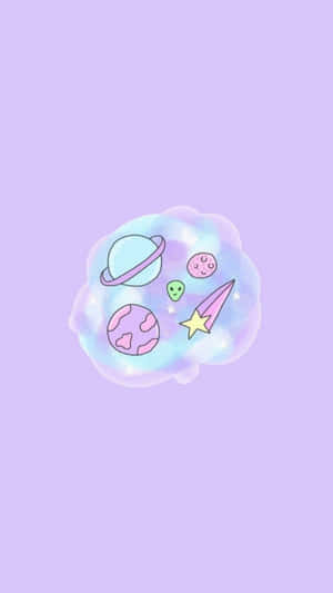 粉彩太空場景，有微笑的外星人、行星、彗星和星星在發光的雲中。