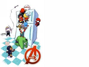 Chibi Avengers 角色在方格地板的廚房中爬上雪櫃。 — 復仇者聯盟 壁紙