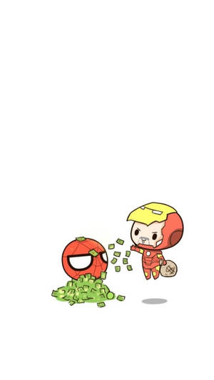 Chibi Iron Man 將錢扔向一個蜘蛛俠頭附近的堆疊。
