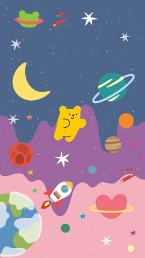 一隻黃色卡通熊漂浮在太空中的行星、星星和火箭船之間。 — 太空 壁紙
