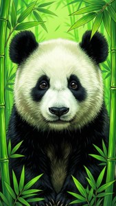 一隻大熊貓在森林環境中被茂密的綠色竹子包圍。