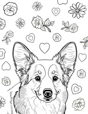 一隻哥基犬以填色書風格被花朵和心形環繞。