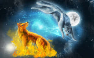 火焰中的狐狸面對著一隻跳躍的狼，背景是星空夜空和滿月。