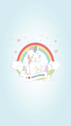 一隻微笑的卡通獨角獸在彩虹下舉著寫有「I heart unicorns」的橫幅。