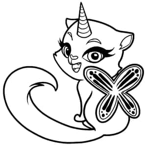 一隻卡通獨角獸小貓在黑白線條畫中拿著一隻蝴蝶。 — 可愛貓咪 壁紙