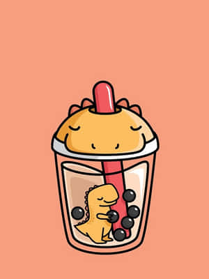 一隻微笑的黃色恐龍在一個有黑色珍珠的珍珠奶茶杯中。 — 恐龍大時代 壁紙
