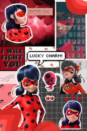 帶有文字和心形圖案的Ladybug動漫角色拼貼畫。