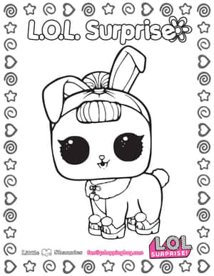 帶有裝飾邊框的LOL Surprise兔子娃娃黑白填色頁。