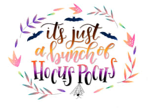 萬聖節短語「it's just a bunch of Hocus Pocus」以風格化字體呈現，搭配蝙蝠和樹葉。