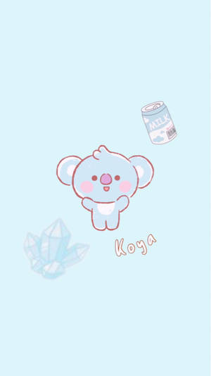 可愛嘅藍色樹熊角色Koya，同牛奶罐同水晶，喺粉藍色背景上。