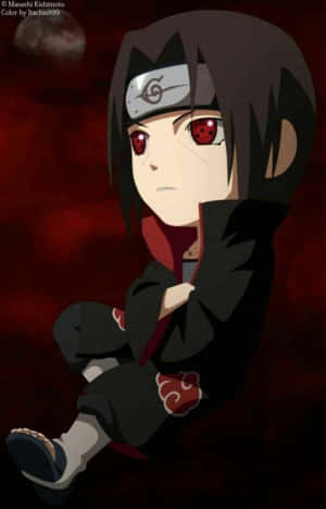 Chibi Sasuke Uchiha 紅眼黑斗篷，坐在深紅色環境中。