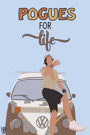 一個人坐在一輛骯髒的復古VW麵包車上，上方有「POGUES FOR life」文字。