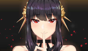 動漫女孩，深色頭髮和紅色眼睛，將手指放在嘴唇上，周圍有漂浮的紅色花瓣。